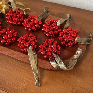 8 Festive Red Bell Holiday Ornaments With Olive Velvet